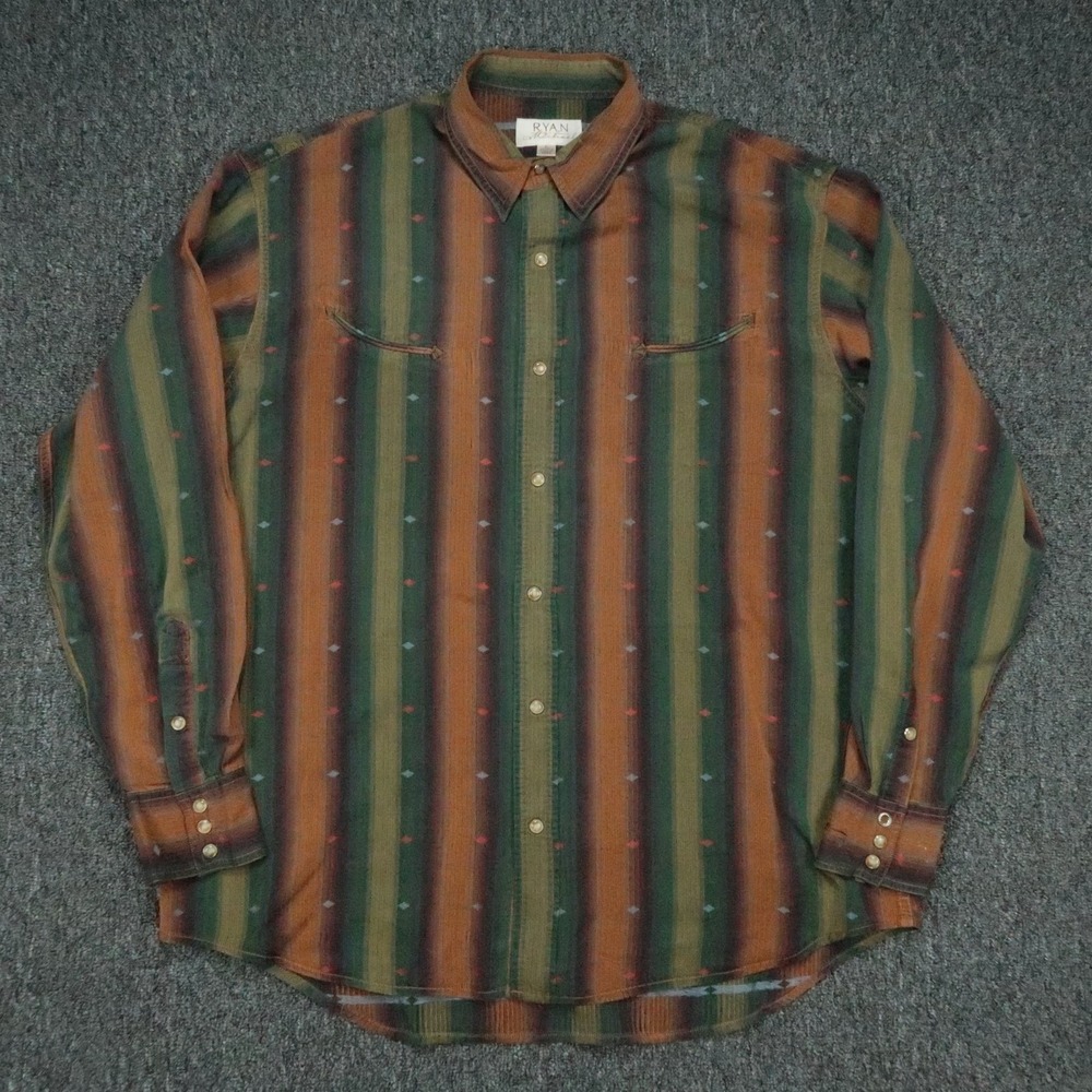 Ryan Michael Shirt Men Large Green Orange Stripe Long Sleeve Silk Cotton Western